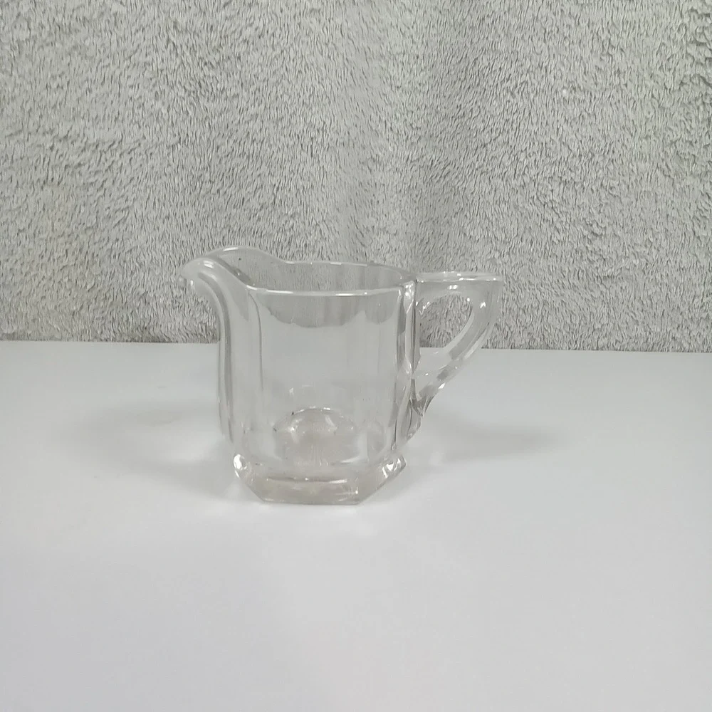 Vintage Clear Paneled Glass Creamer Pitcher Hexagon‎ Sunburst Base 3 inch